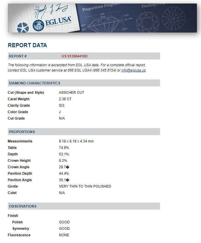 2.38 ct Asscher Cut Diamond Solitaire Pendant in 18K White Gold - EGL Certified