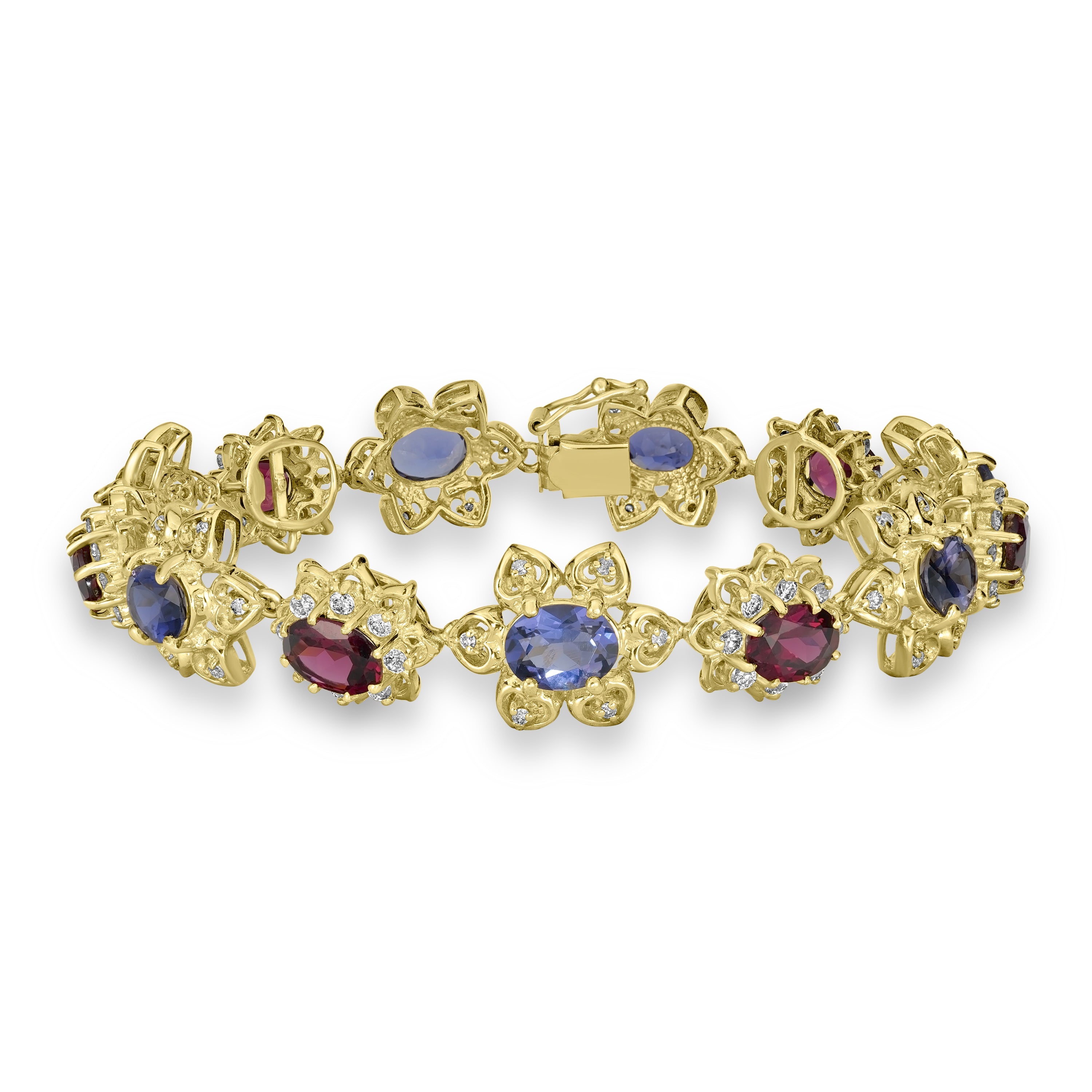 15.86 ct Rhodolite, Iolite & Diamond Bracelet in 14K Yellow Gold