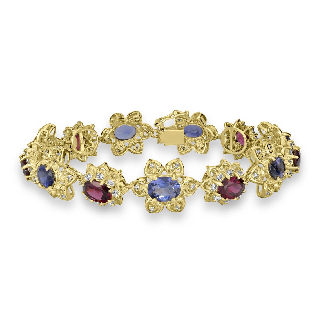 15.86 ct Rhodolite, Iolite & Diamond Bracelet in 14K Yellow Gold