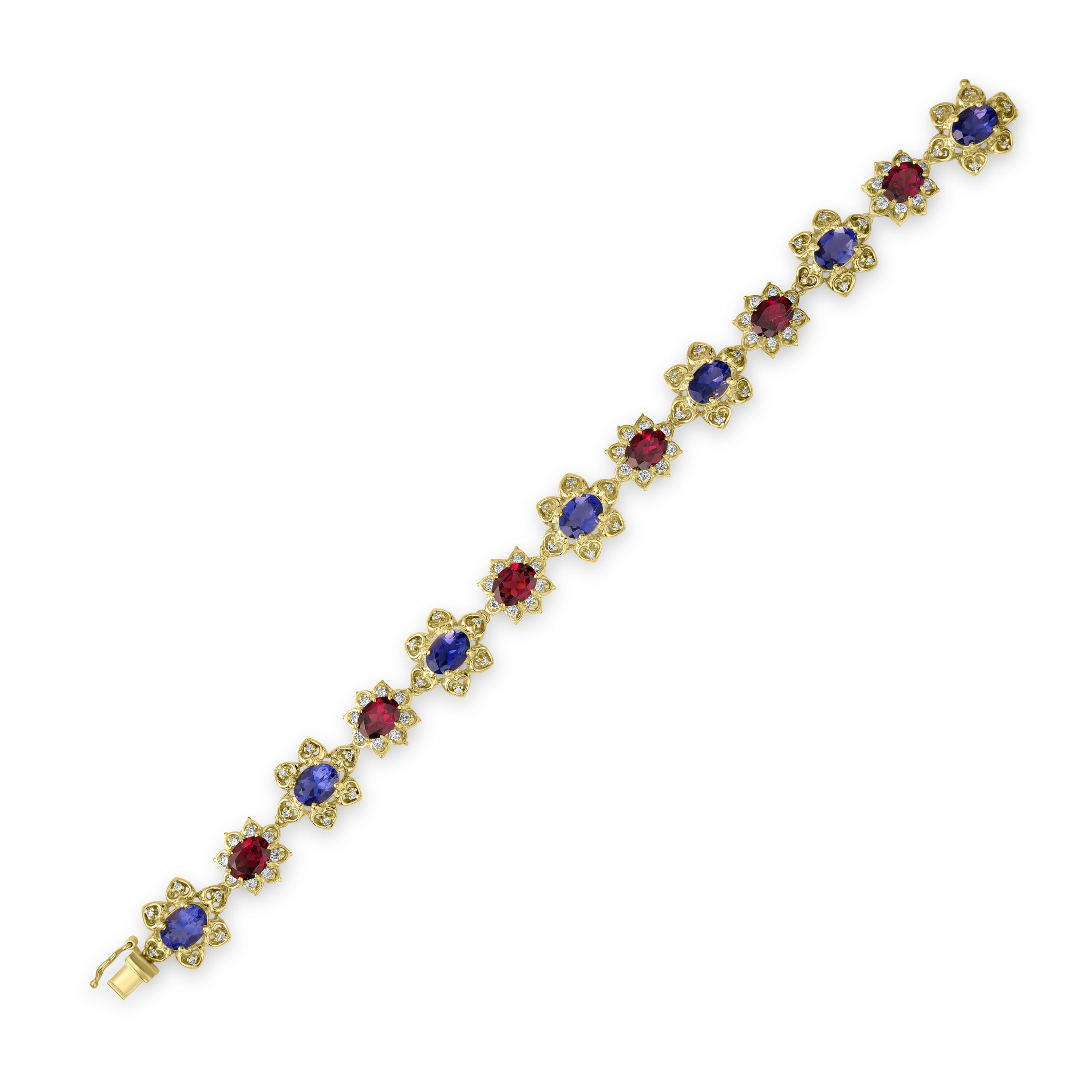 15.86 ct Rhodolite, Iolite & Diamond Bracelet in 14K Yellow Gold