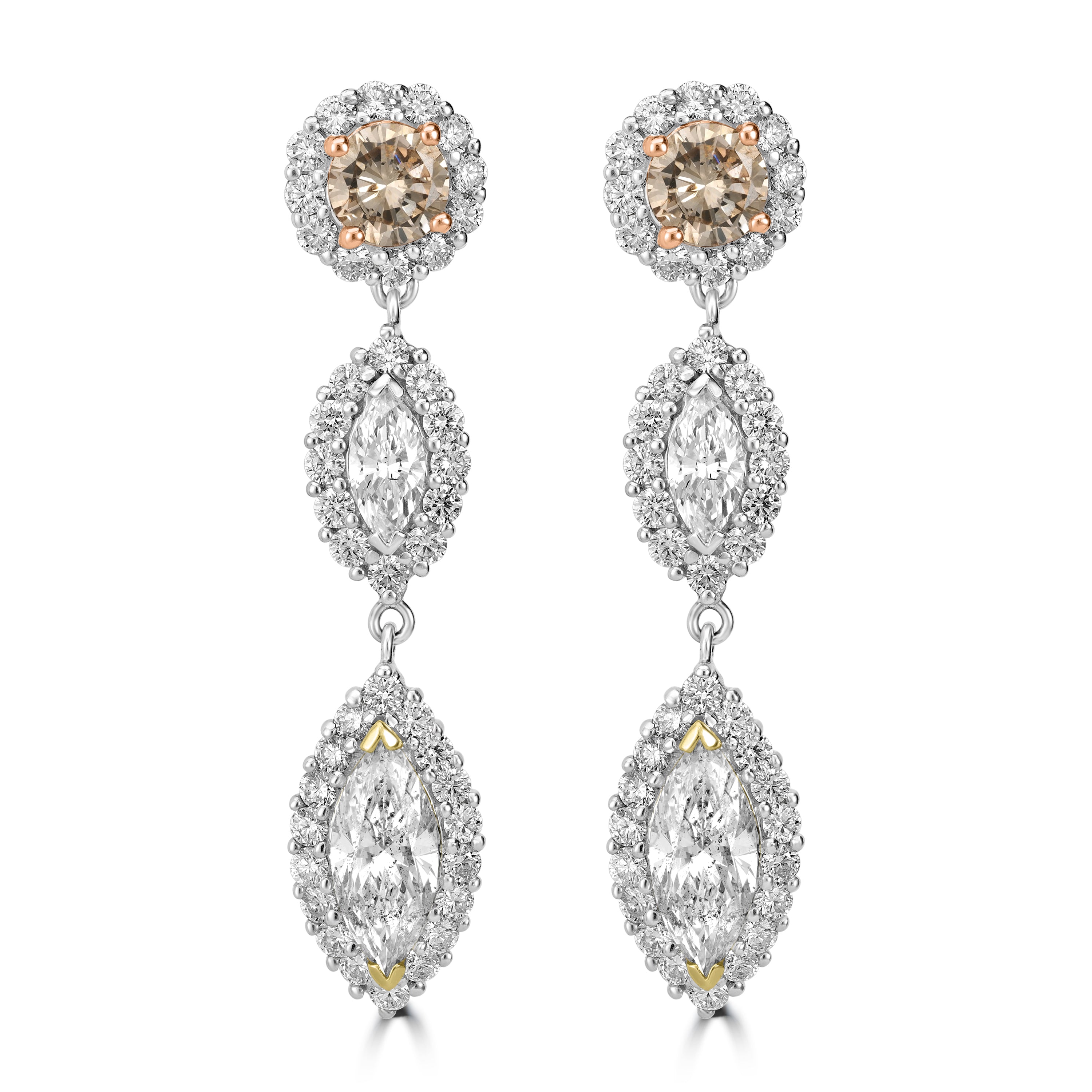 7.68 ctw Marquise & Round Dangle Diamond Earrings in 14K Two-Tone White & Yellow Gold