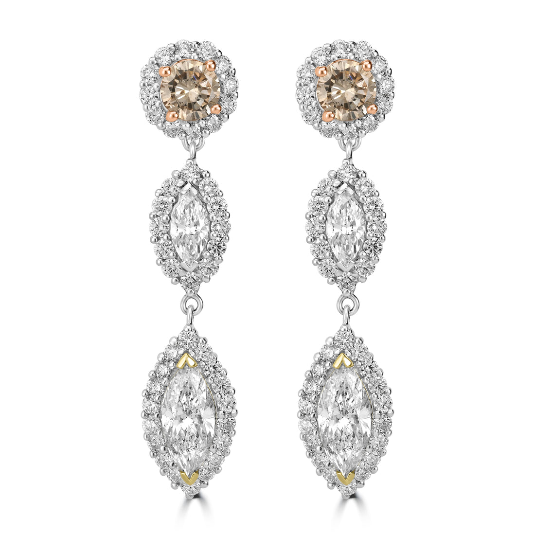 7.68 ctw Marquise & Round Dangle Diamond Earrings in 14K Two-Tone White & Yellow Gold
