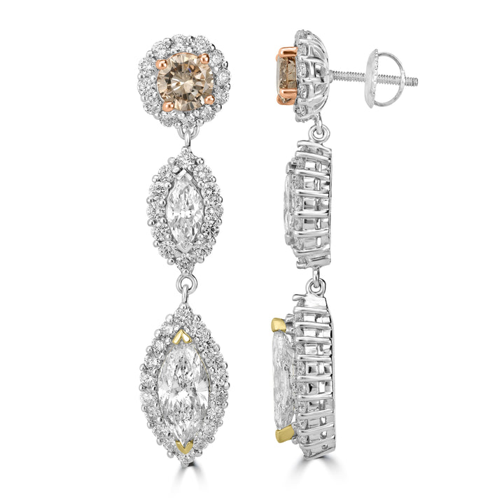 7.68 ct Marquise & Round Dangle Diamond Earrings in 14K White and Yellow Gold
