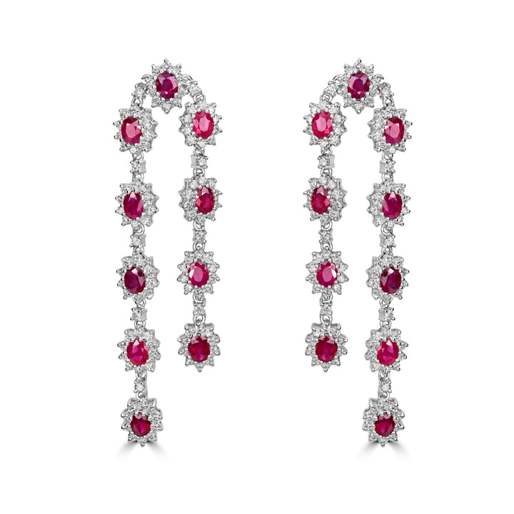 9.73 ct Dangling Ruby & Diamond Earring in 18K White Gold