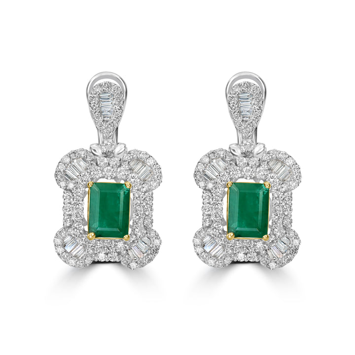 3.12 ct Emerald & Diamond Drop Earring in 18K White Gold