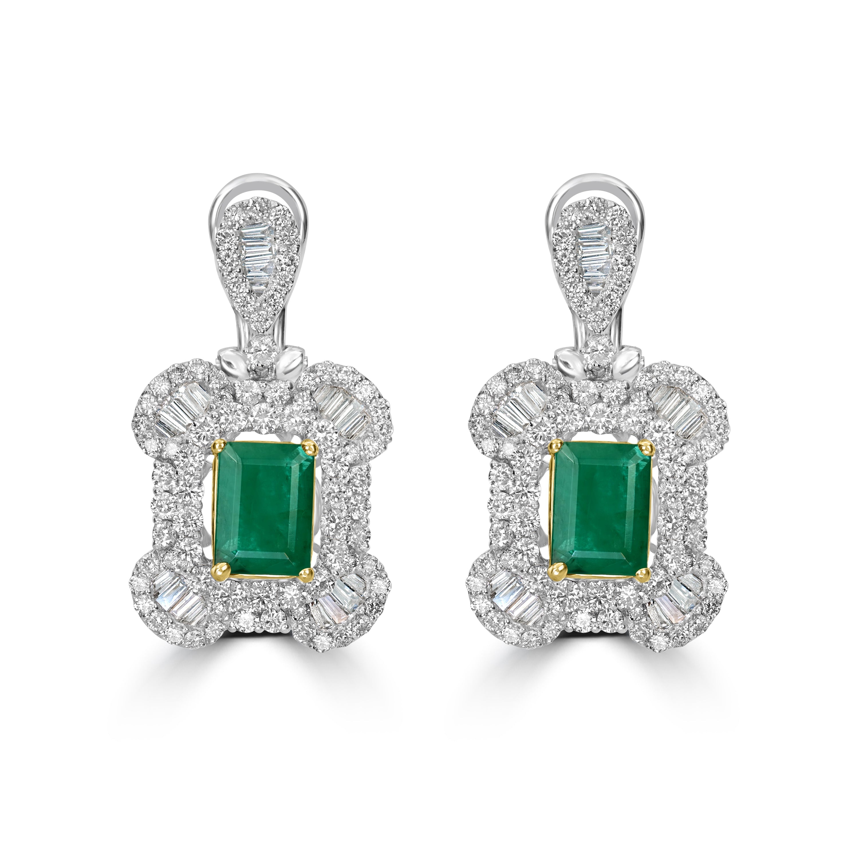 3.12 ct Emerald & Diamond Drop Earring in 18K White Gold