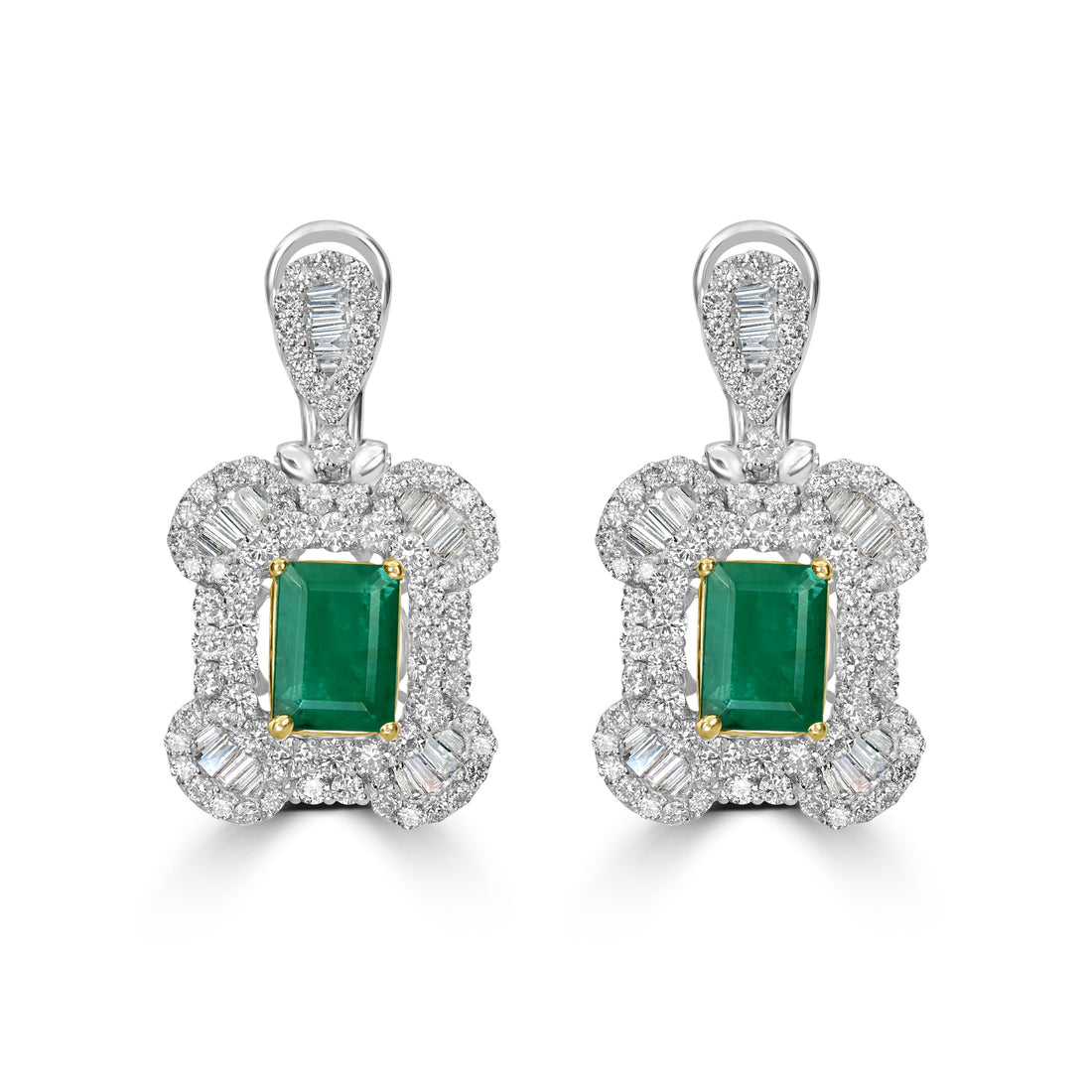 3.12 ct Emerald & Diamond Drop Earring in 18K White Gold