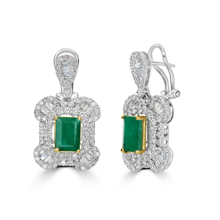 3.12 ct Emerald & Diamond Drop Earring in 18K White Gold