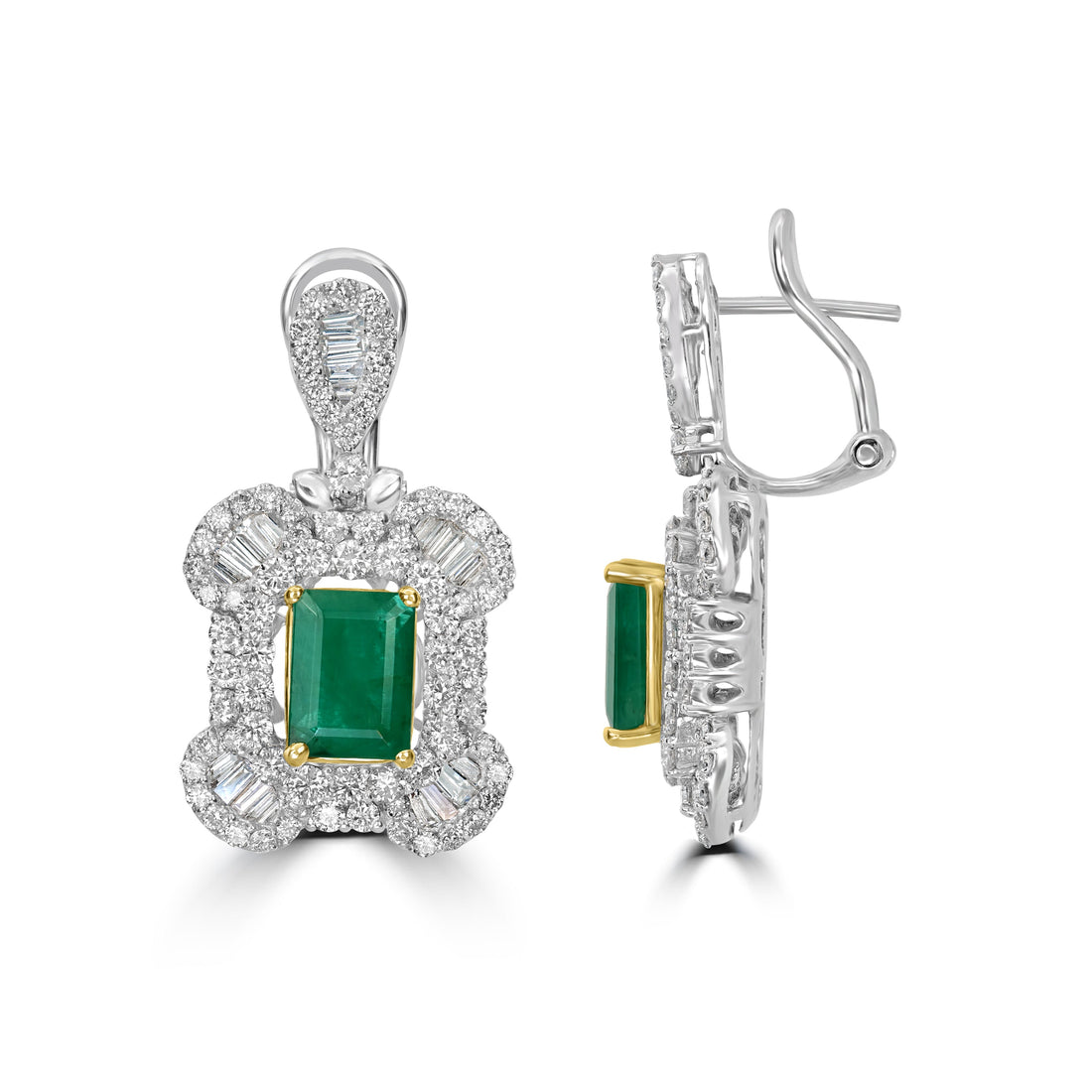 3.12 ct Emerald & Diamond Drop Earring in 18K White Gold
