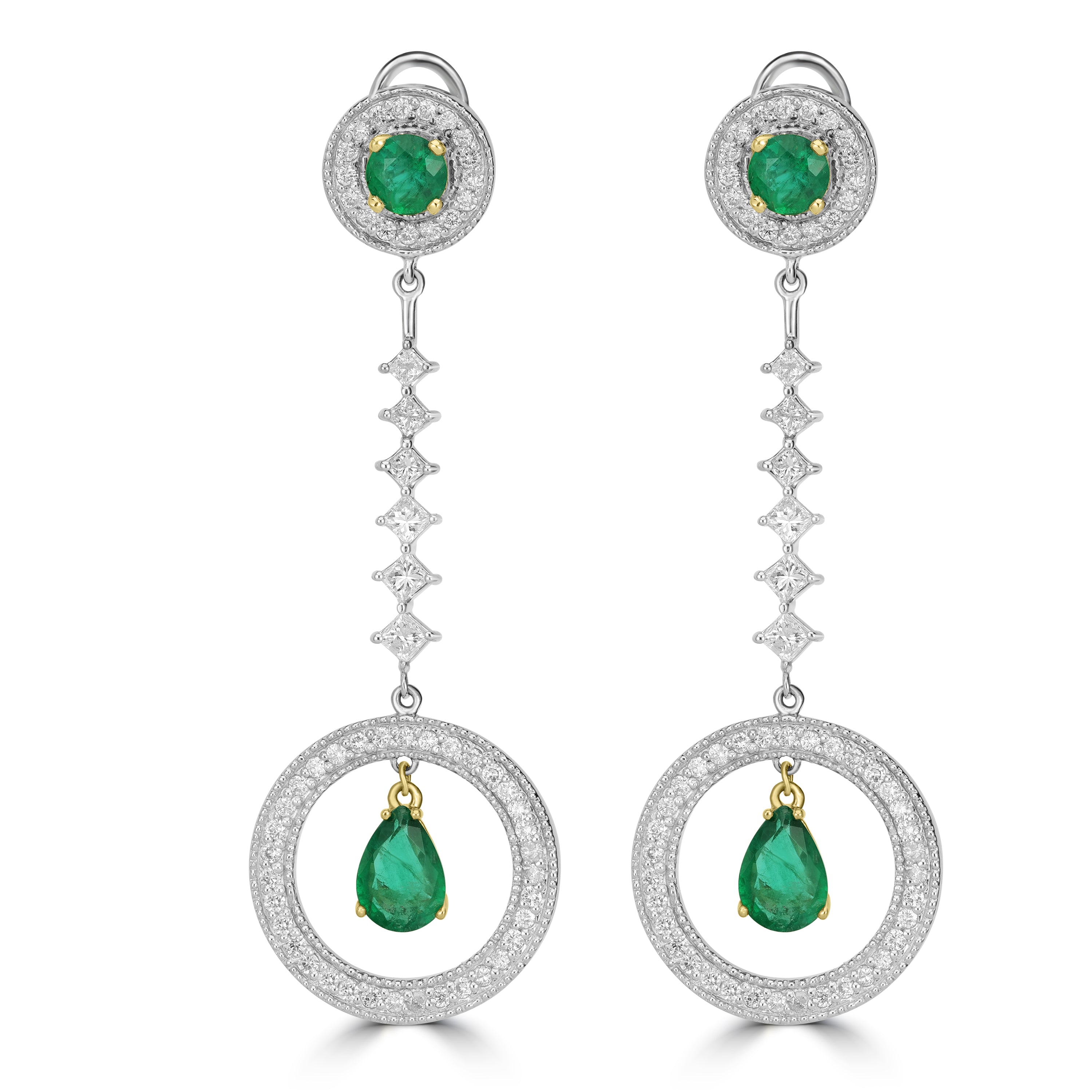 10.01 ct Emerald & Diamond Dangle Earrings in 14K White Gold