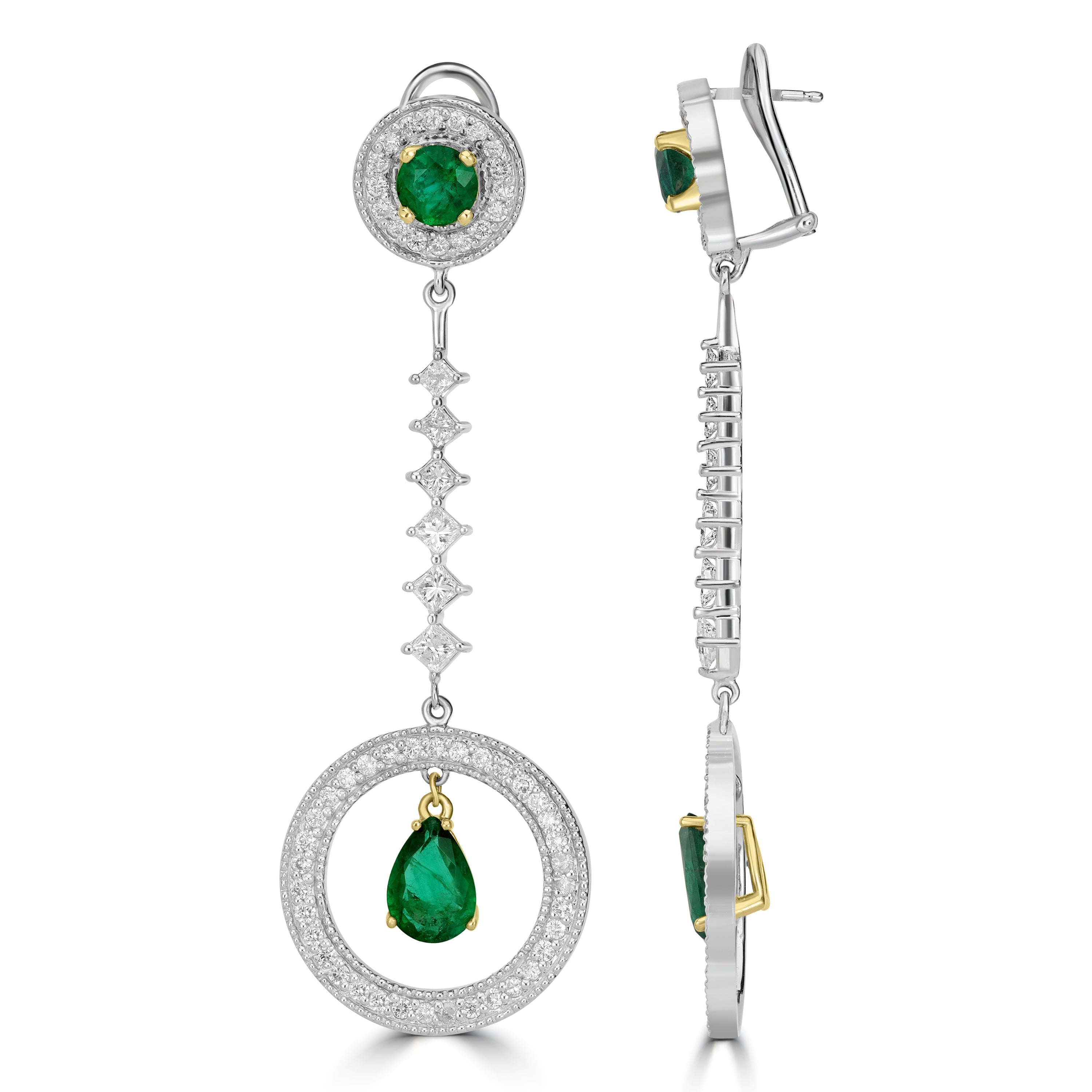 10.01 ct Emerald & Diamond Dangle Earrings in 14K White Gold