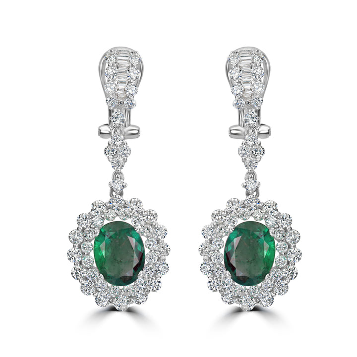 3.12 ct Emerald & Diamond Drop Earring in 18K White Gold