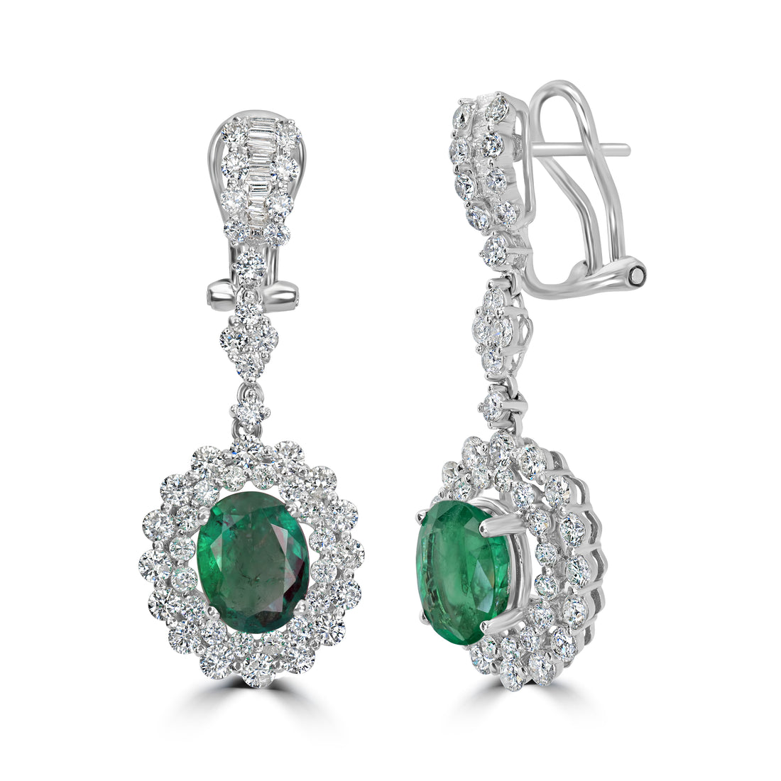 3.12 ct Emerald & Diamond Drop Earring in 18K White Gold