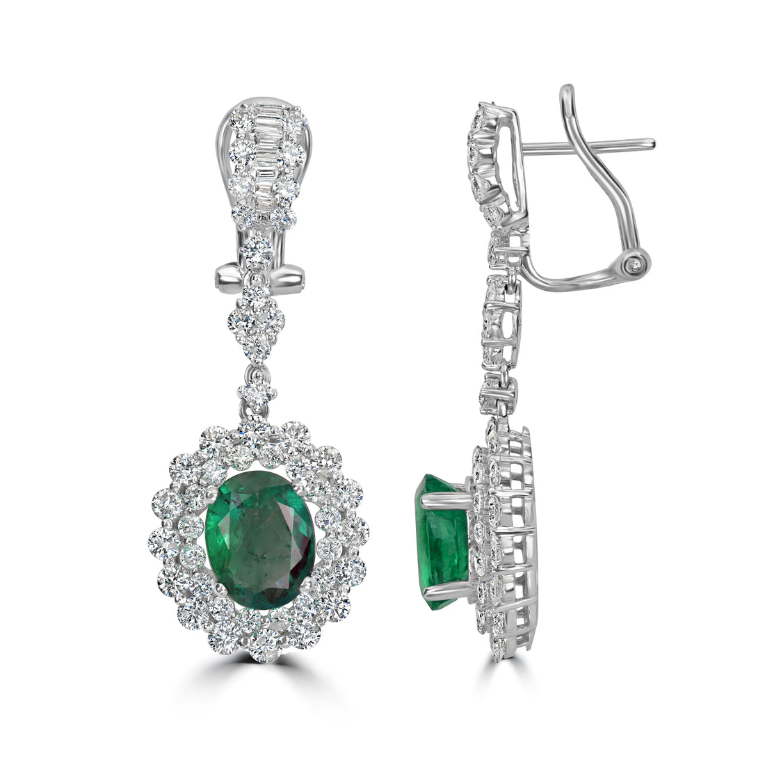 3.12 ct Emerald & Diamond Drop Earring in 18K White Gold