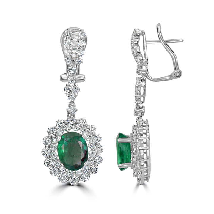 3.12 ct Emerald & Diamond Drop Earring in 18K White Gold