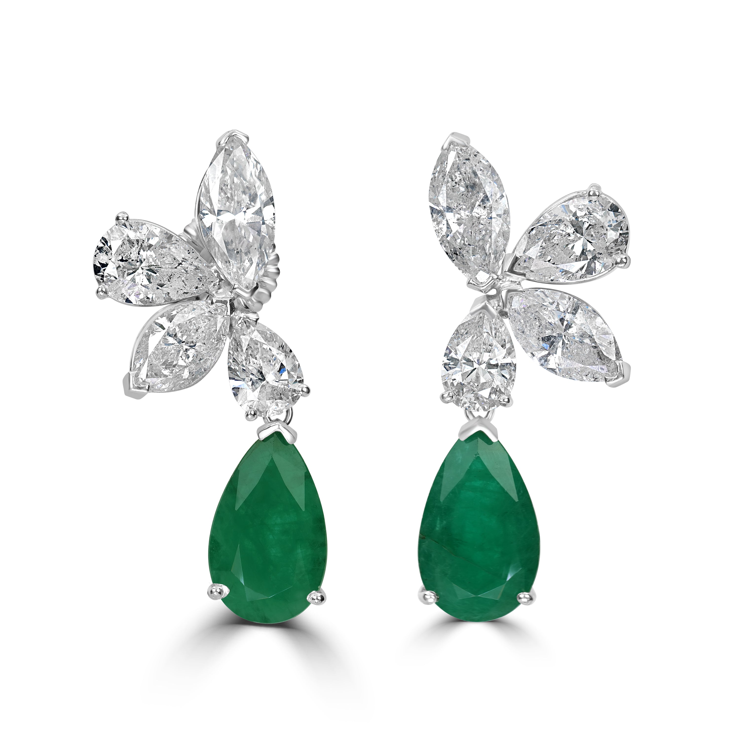 16.86 ct Emerald & 10.80 ct Diamond Dangling Earrings in 18K White Gold