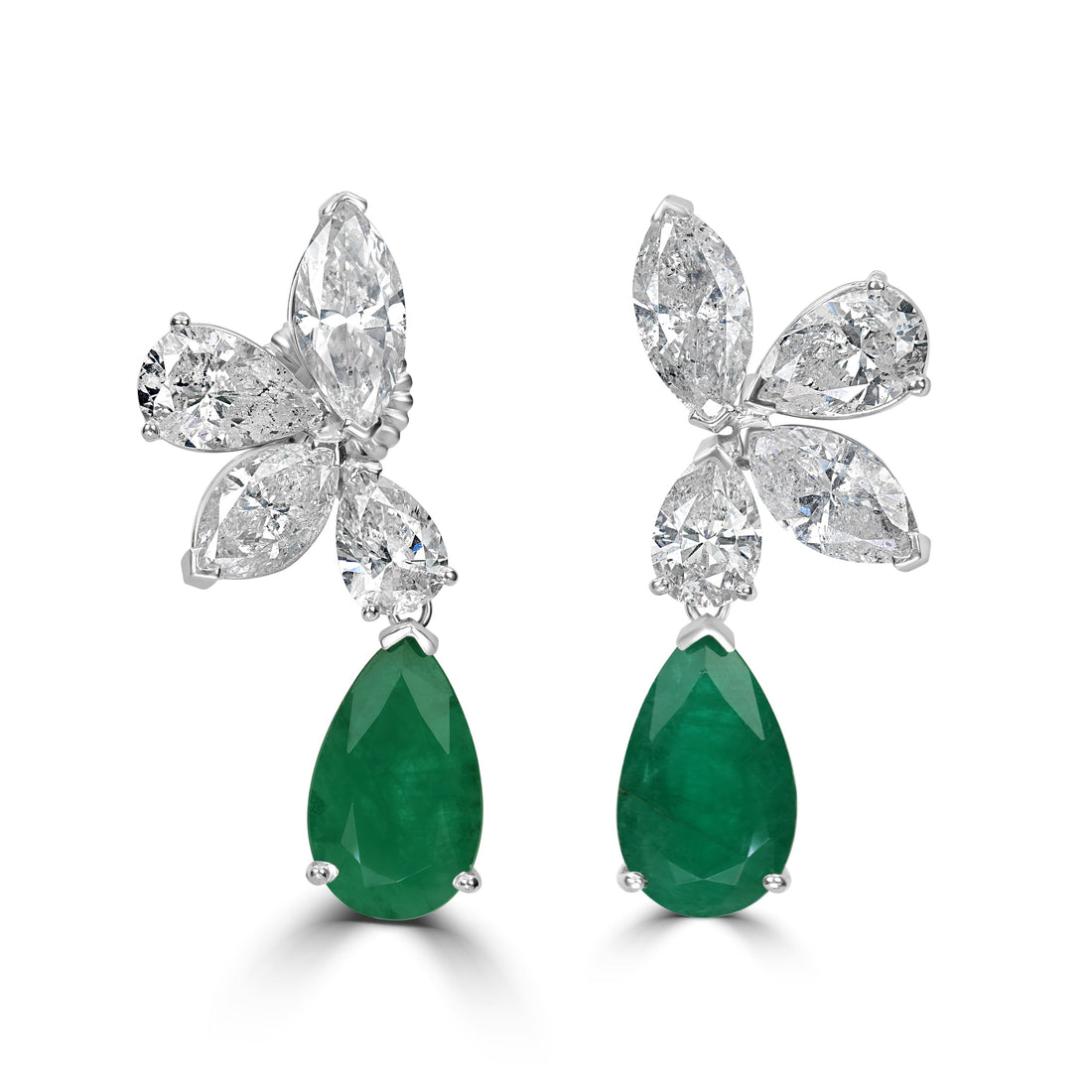 16.86 ct Emerald & 10.80 ct Diamond Dangling Earrings in 18K White Gold