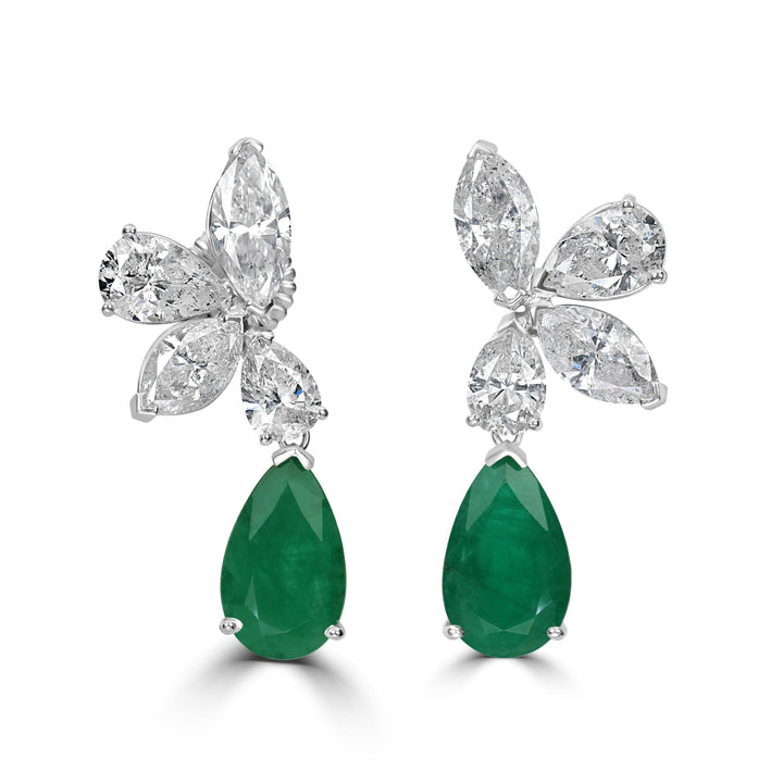 16.86 ct Emerald & 10.80 ct Diamond Dangling Earrings in 18K White Gold