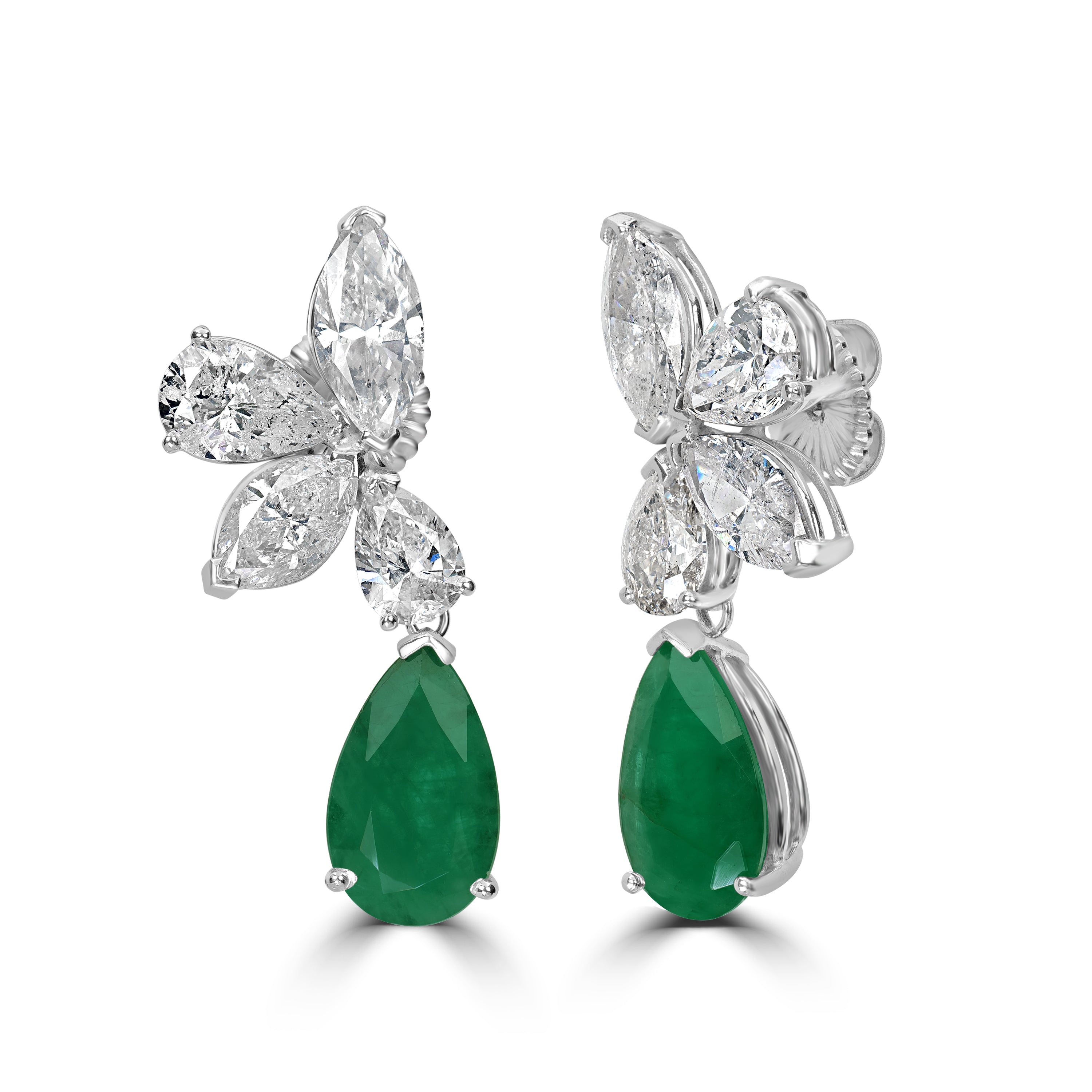 16.86 ct Emerald & 10.80 ct Diamond Dangling Earrings in 18K White Gold