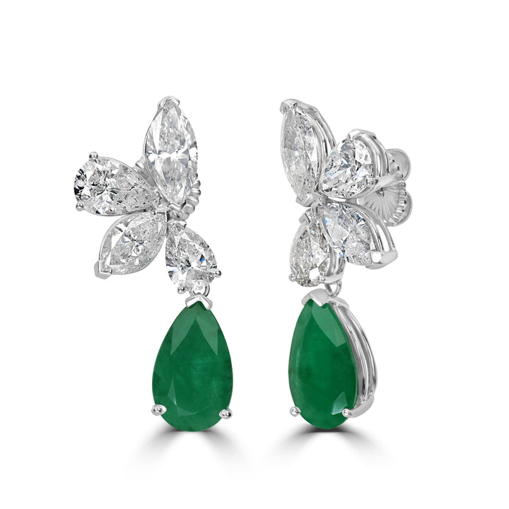 16.86 ct Emerald & 10.80 ct Diamond Dangling Earrings in 18K White Gold