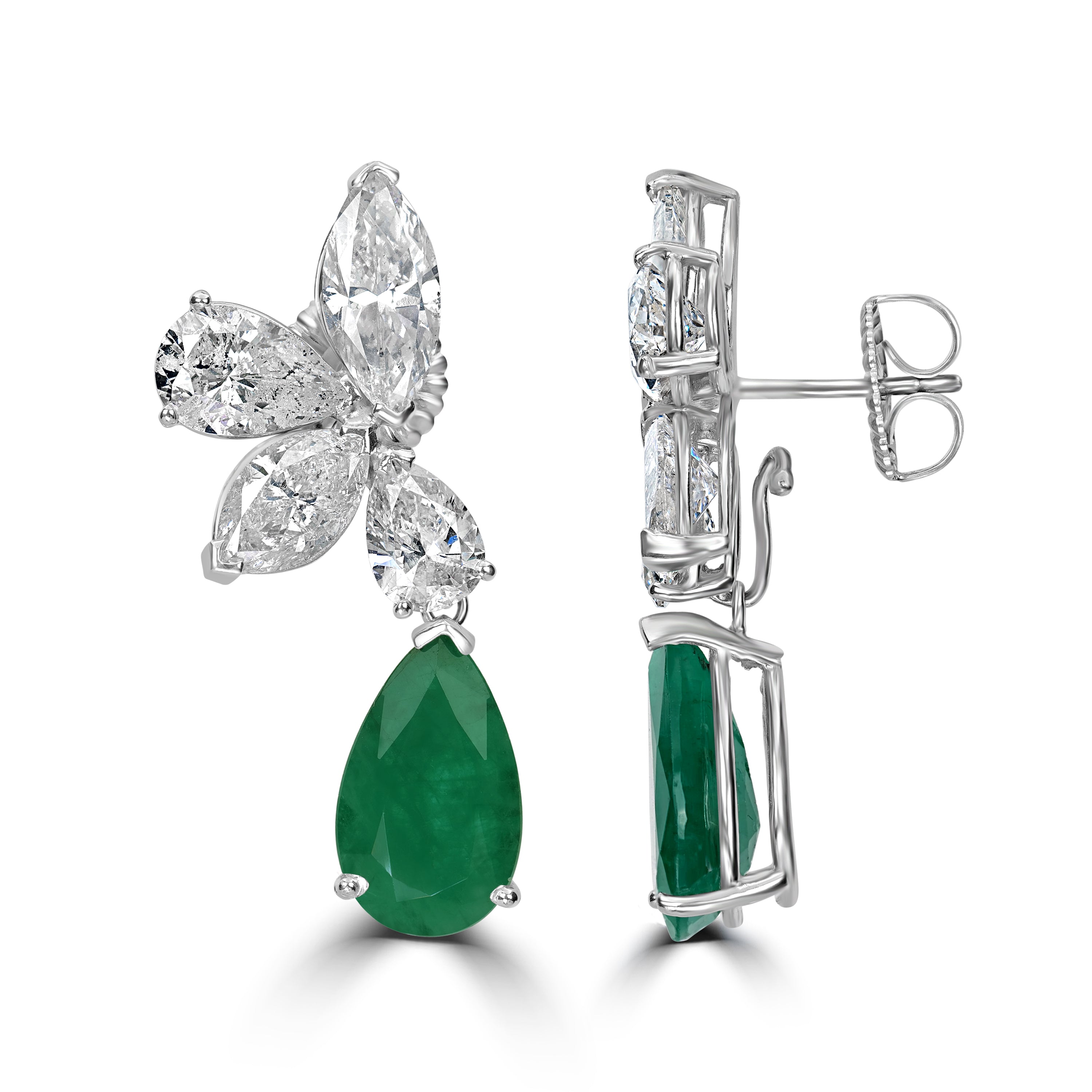16.86 ct Emerald & 10.80 ct Diamond Dangling Earrings in 18K White Gold