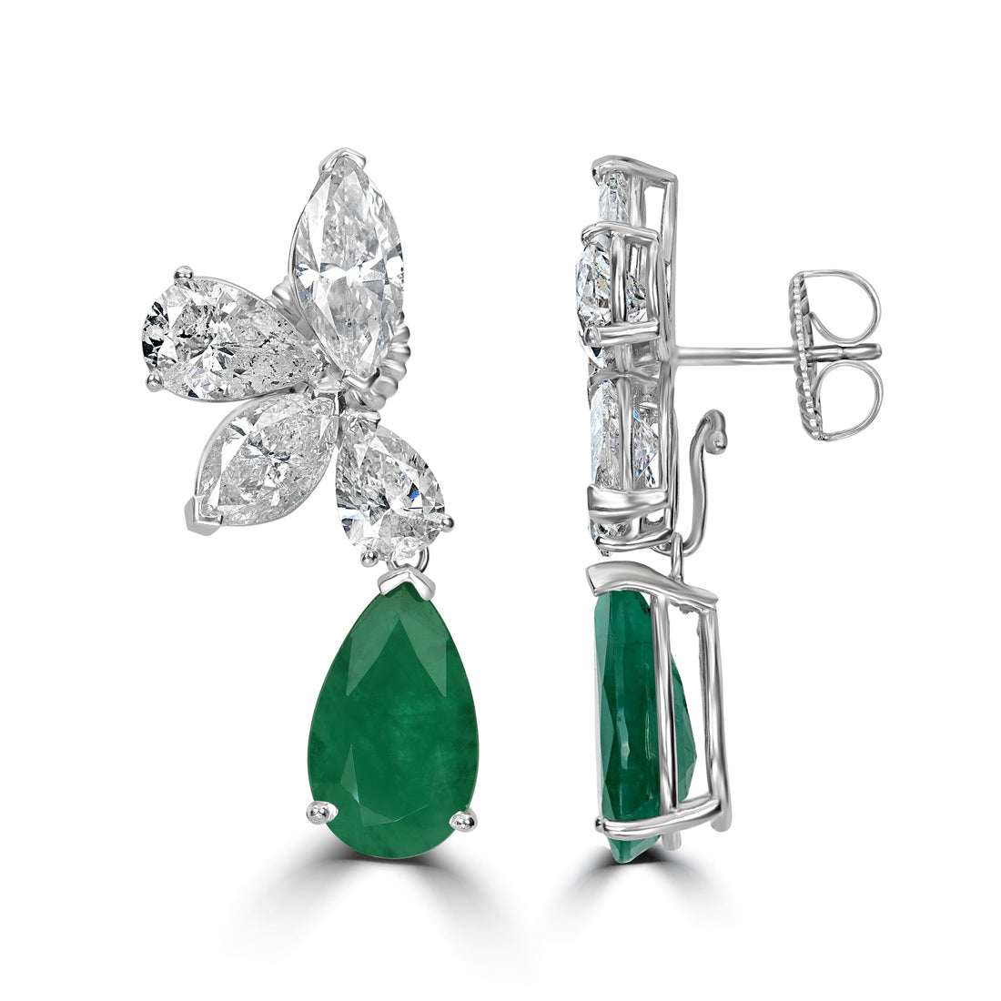 16.86 ct Emerald & 10.80 ct Diamond Dangling Earrings in 18K White Gold