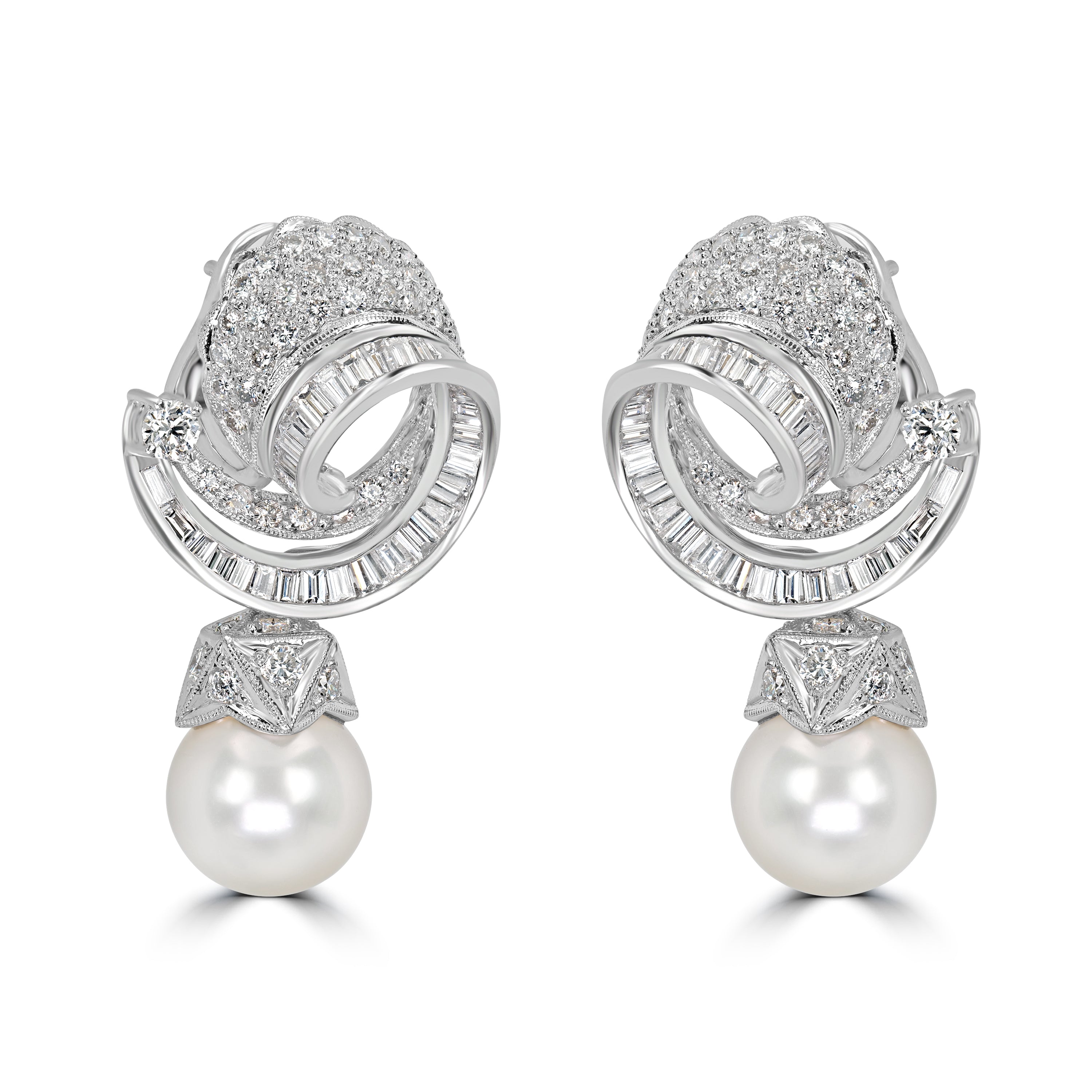 5.18 ct Diamond & 20.00 ct Pearl Earrings in Platinum