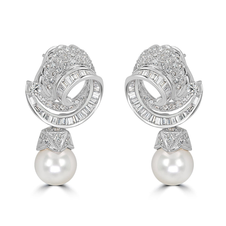 5.18 ct Diamond & 20.00 ct Pearl Earrings in Platinum