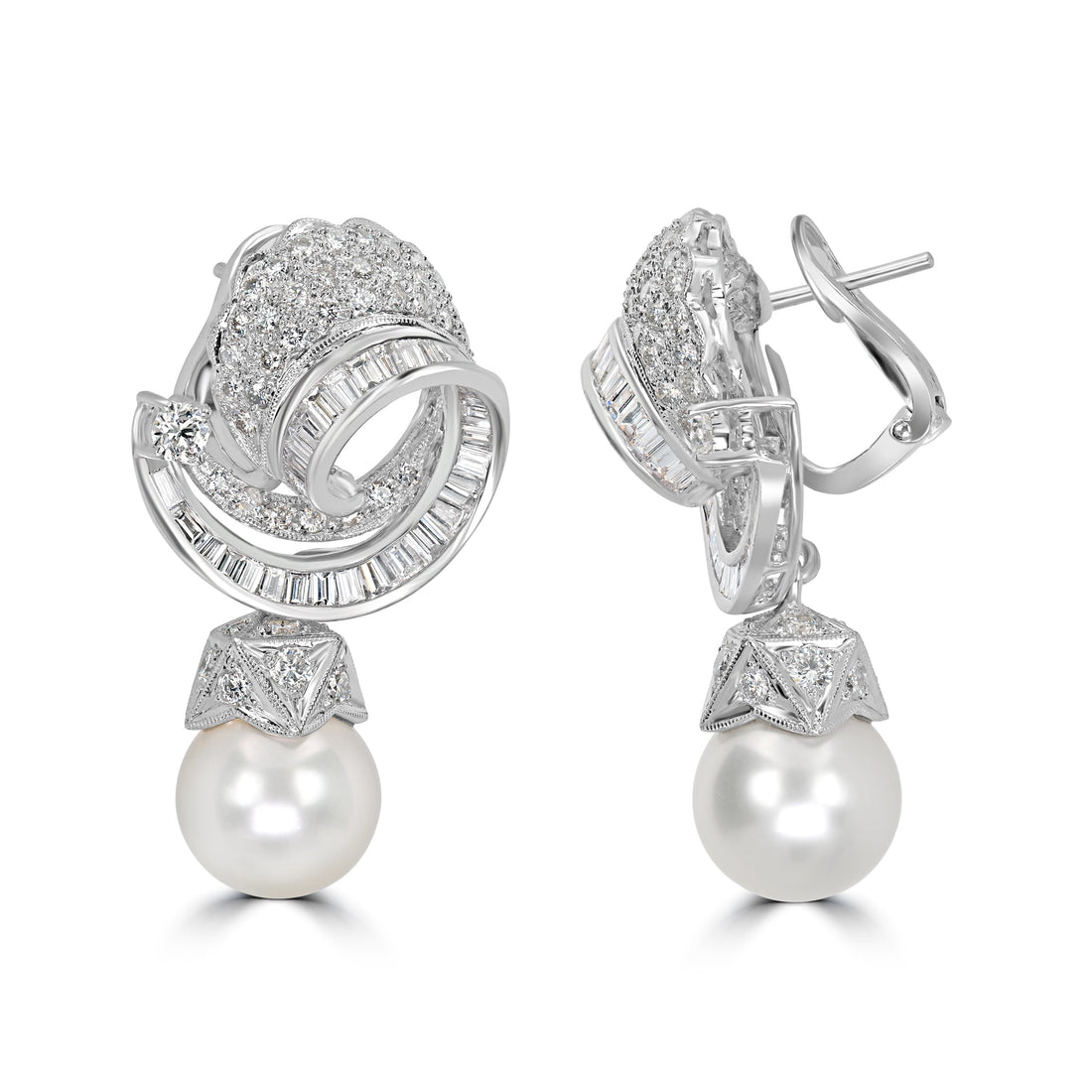 5.18 ct Diamond & 20.00 ct Pearl Earrings in Platinum