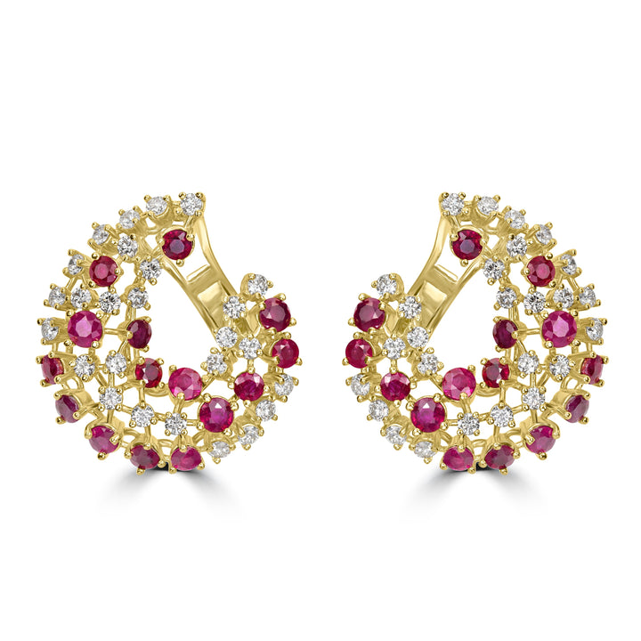 3.16 ct Ruby & Diamond Earring in 18K Yellow Gold
