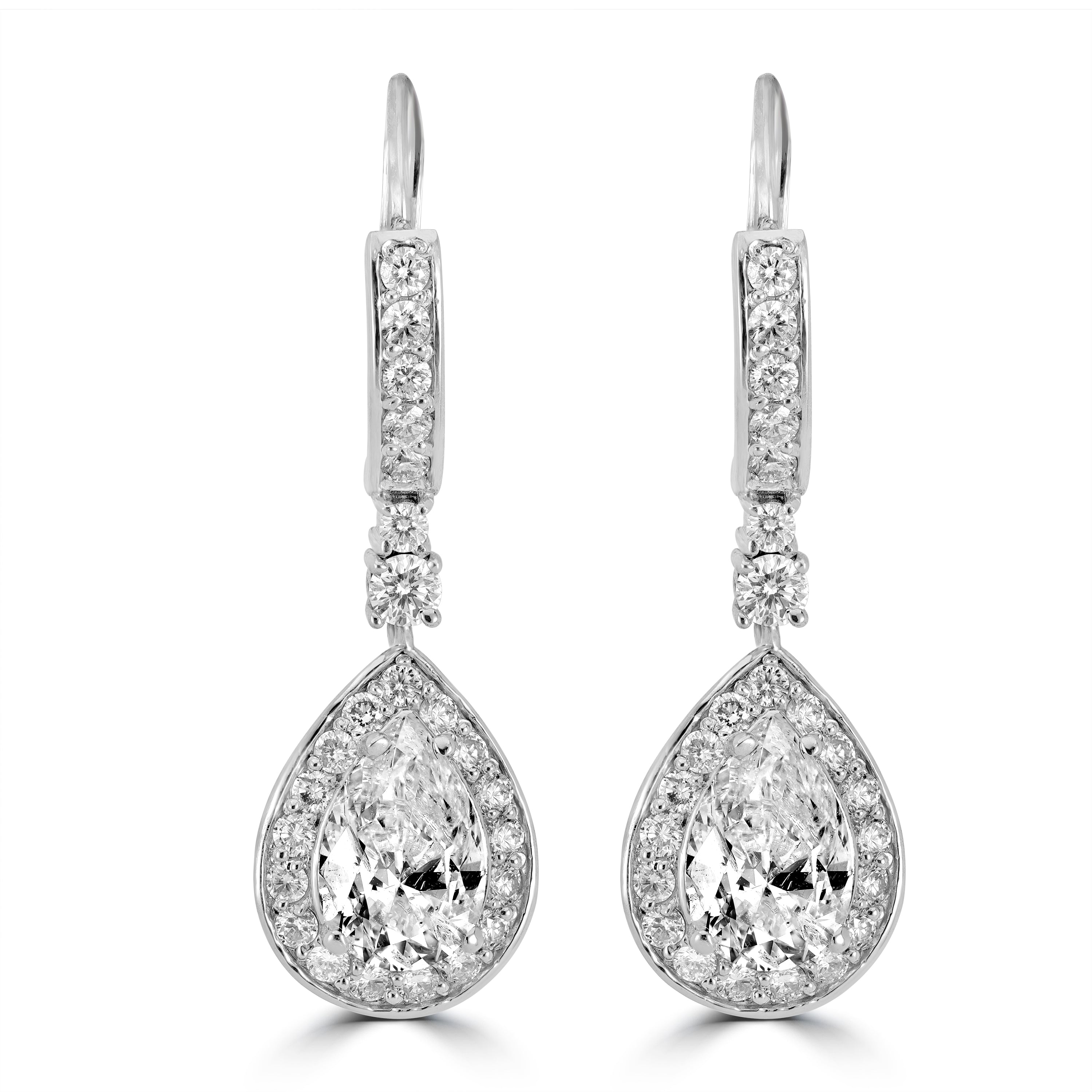2.80 ct Pear-Shaped Solitaire Diamond Halo Drop Earrings in 14K White Gold