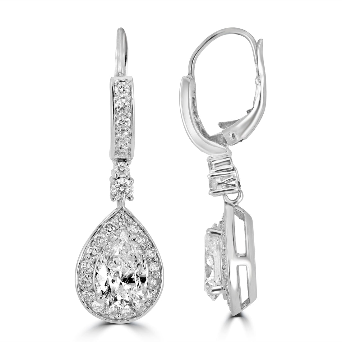 2.80 ct Pear-Shaped Solitaire Diamond Halo Drop Earrings in 14K White Gold
