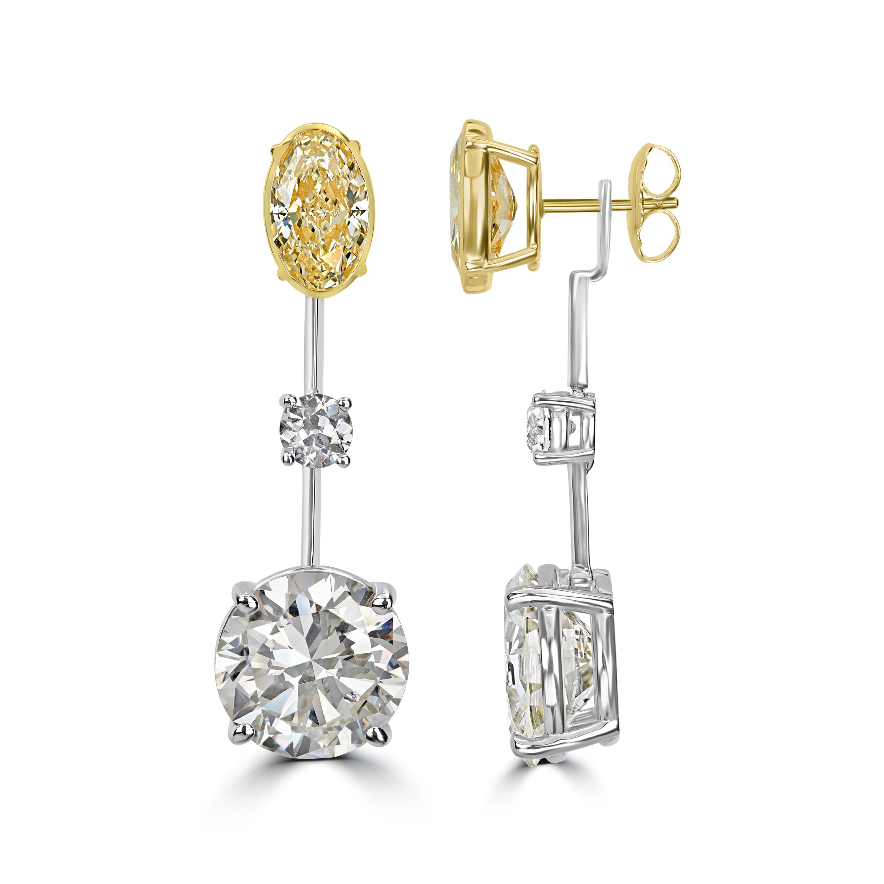 8.06 ct Old Mine Cut Dangle Solitaire Diamond Earrings in Platinum & 18K Yellow Gold