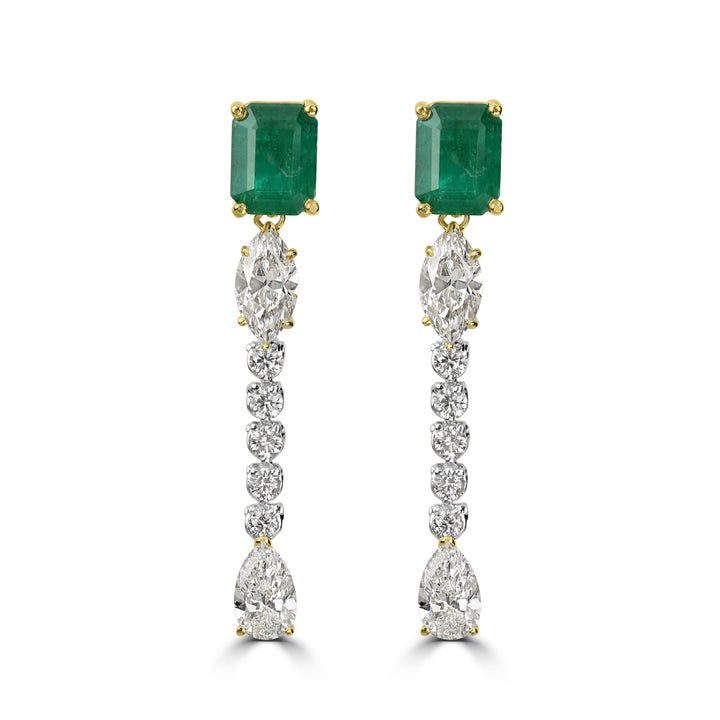 5.07 ct Emerald & Diamond Dangling Earring in 18K Two Tone White and Yellow Gold