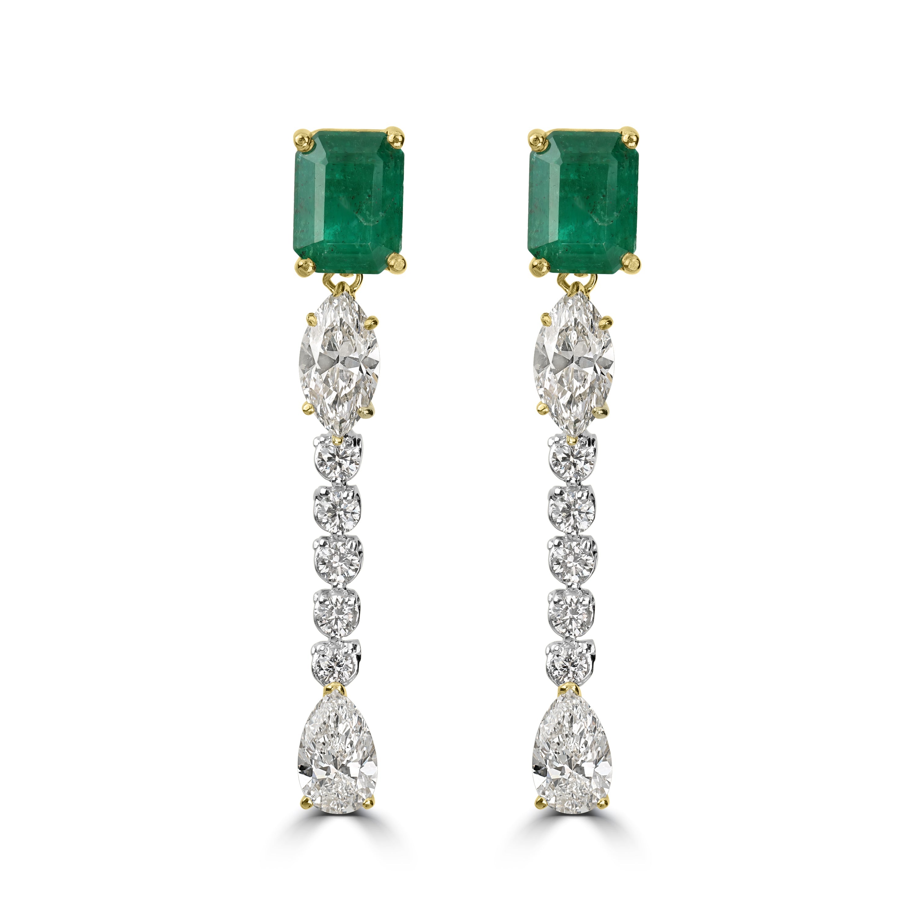 5.07 ct Emerald & Diamond Dangling Earrings in 18K Two-Tone White Gold