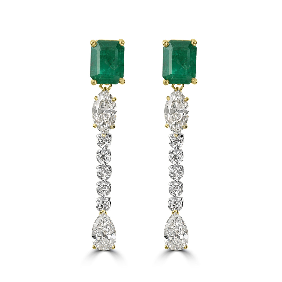 5.07 ct Emerald & Diamond Dangling Earrings in 18K Two-Tone White Gold