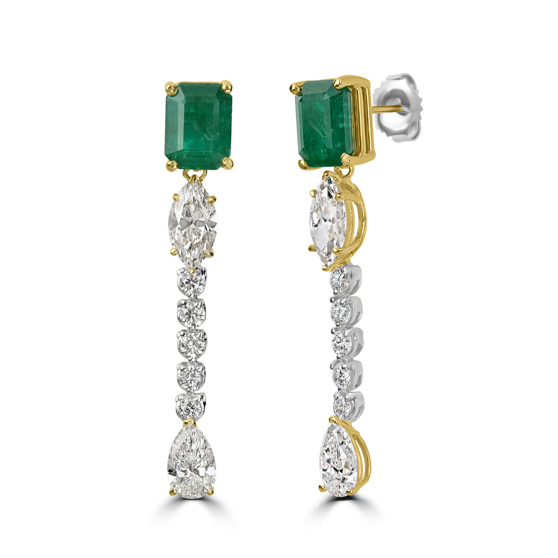 5.07 ct Emerald & Diamond Dangling Earring in 18K Two Tone White and Yellow Gold