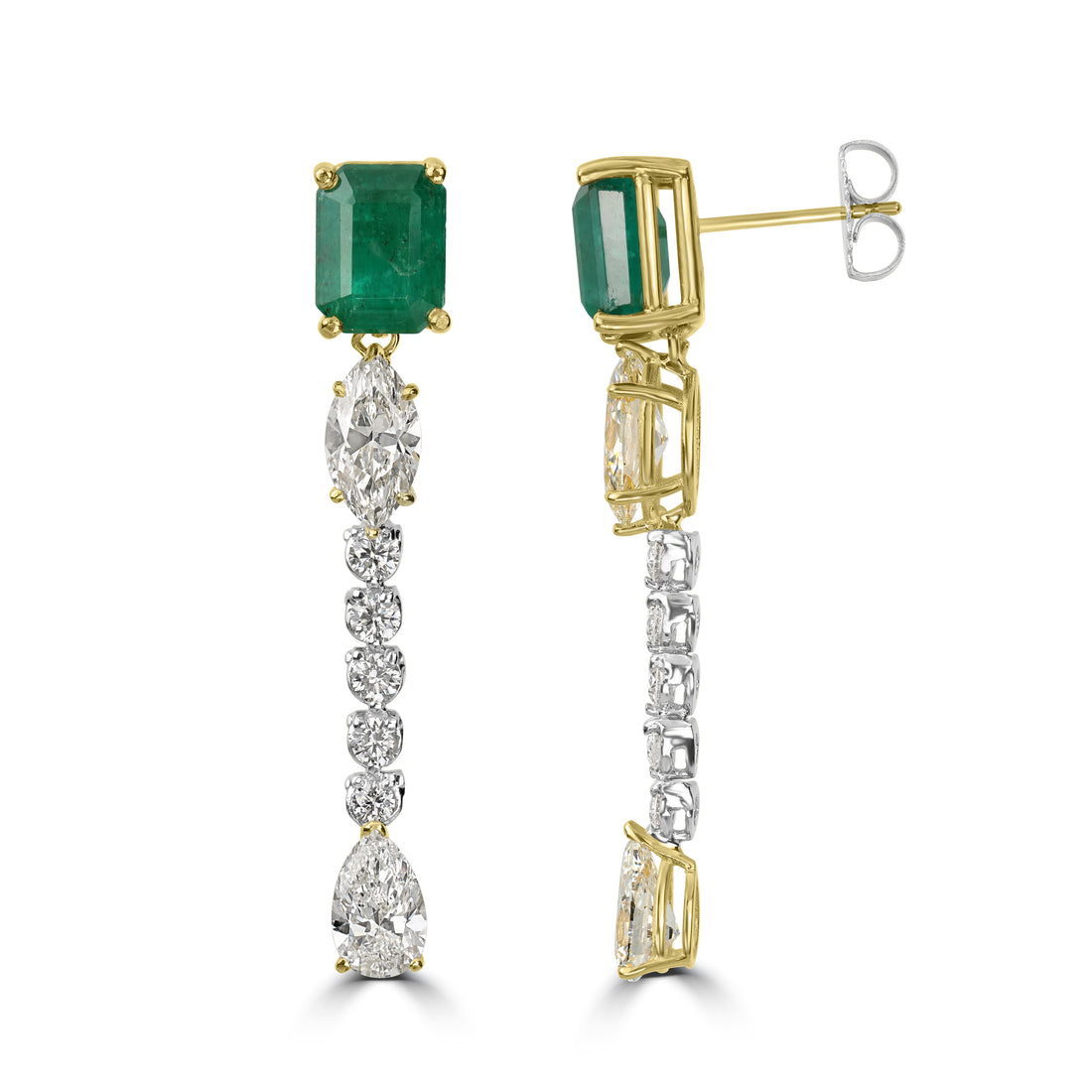 5.07 ct Emerald & Diamond Dangling Earring in 18K Two Tone White and Yellow Gold