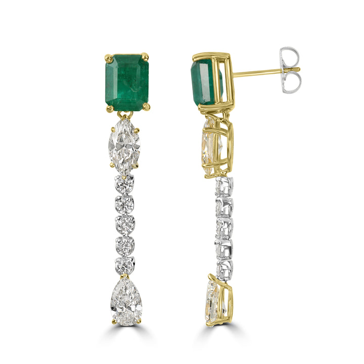 5.07 ct Emerald & Diamond Dangling Earring in 18K Two Tone White and Yellow Gold