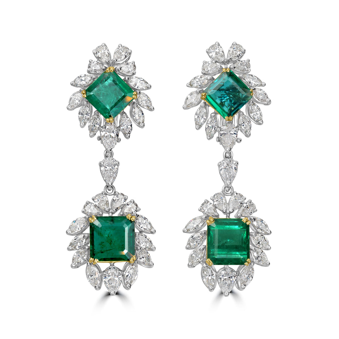 13.14 ct Emerald & Diamond Dangling Earring in Two Tone Platinum and 18K Yellow Gold