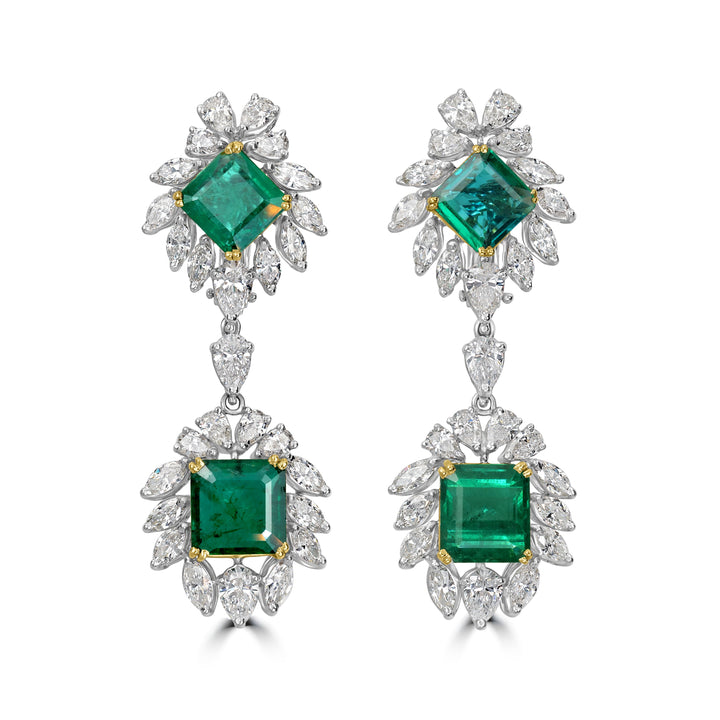 13.14 ct Emerald & Diamond Dangling Earring in Two Tone Platinum and 18K Yellow Gold