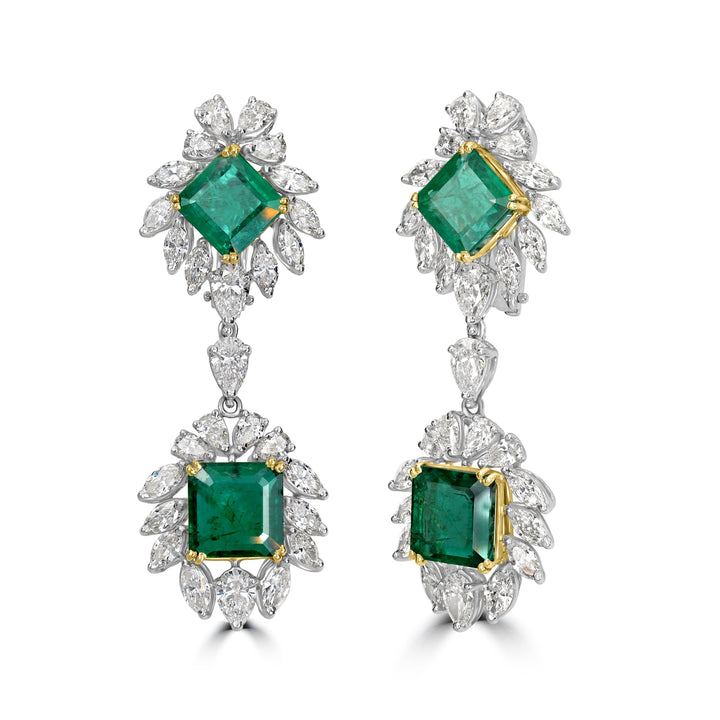 13.14 ct Emerald & Diamond Dangling Earring in Two Tone Platinum and 18K Yellow Gold
