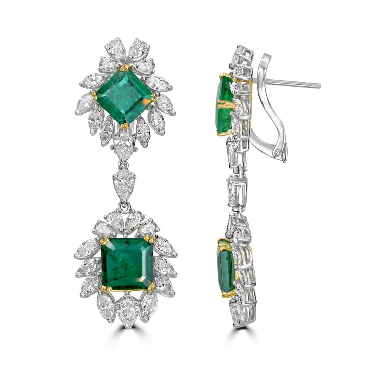 13.14 ct Emerald & Diamond Dangling Earring in Two Tone Platinum and 18K Yellow Gold