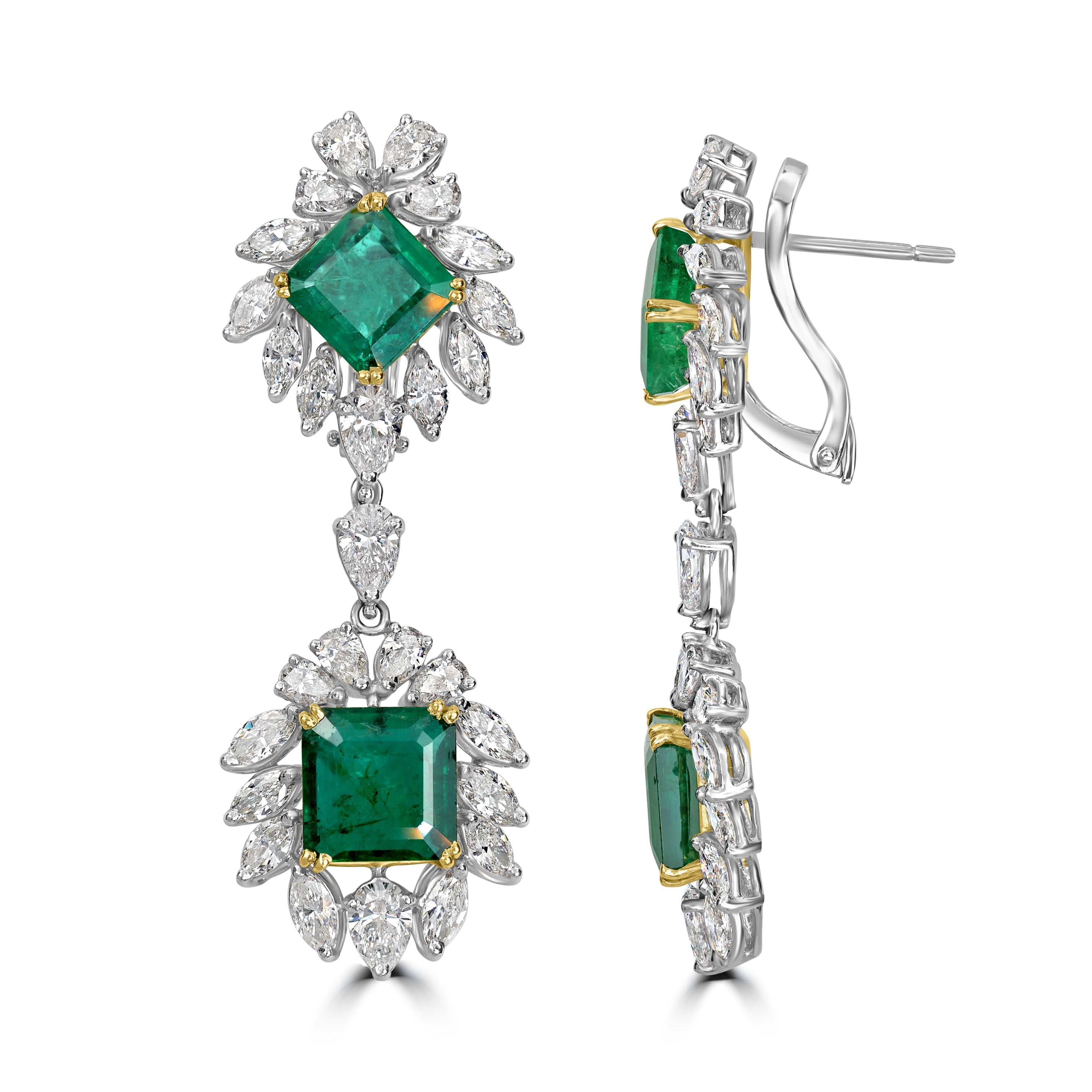 13.14 ct Emerald & Diamond Dangling Earring in Two Tone Platinum and 18K Yellow Gold