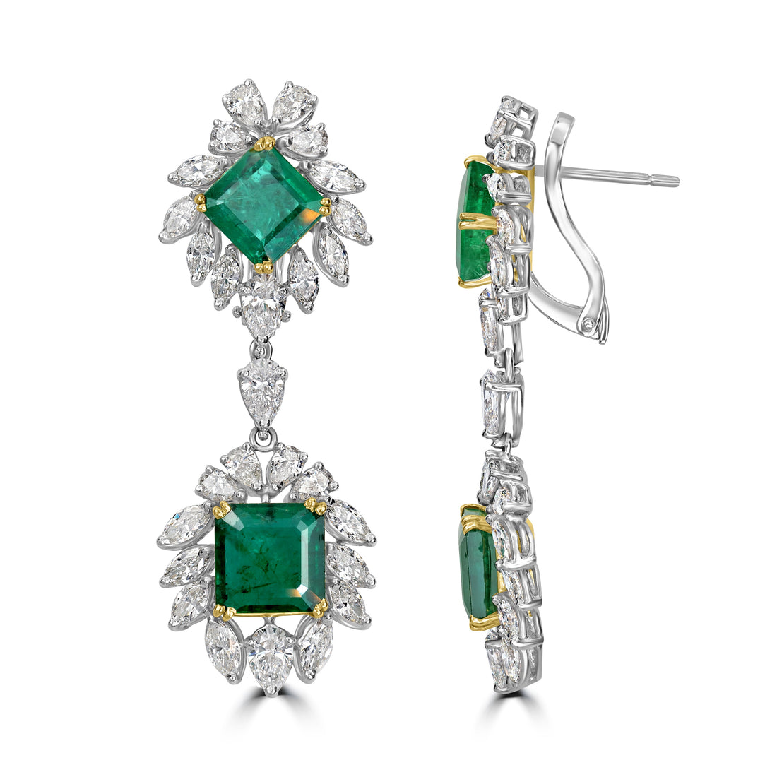 13.14 ct Emerald & Diamond Dangling Earring in Two Tone Platinum and 18K Yellow Gold