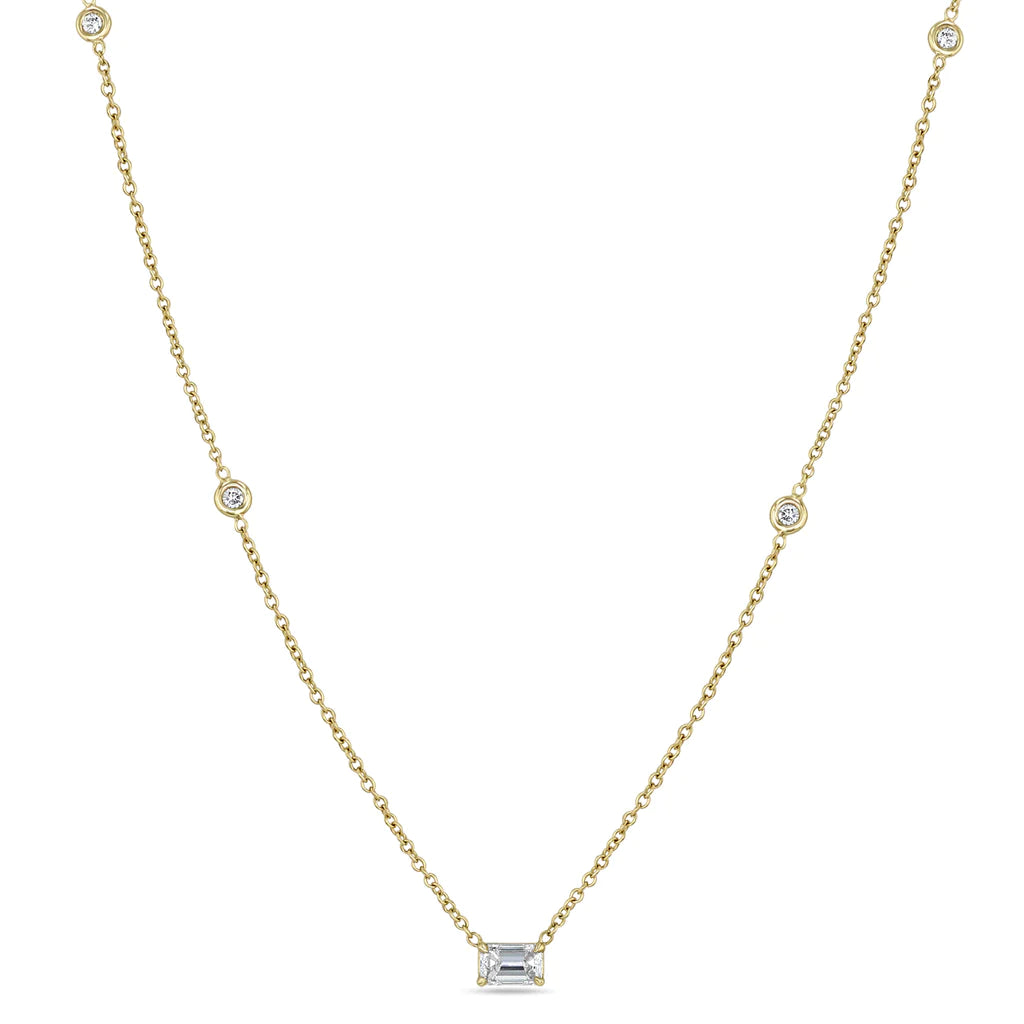 Certified 3.84ct Emerald Cut Solitaire Pendant on Diamond By the Yard Station Necklace