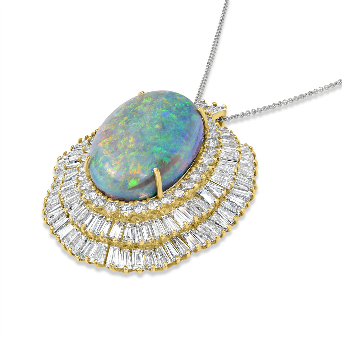 35.99 ct Opal & Diamond Baguette Pendant Necklace in 14K Yellow Gold