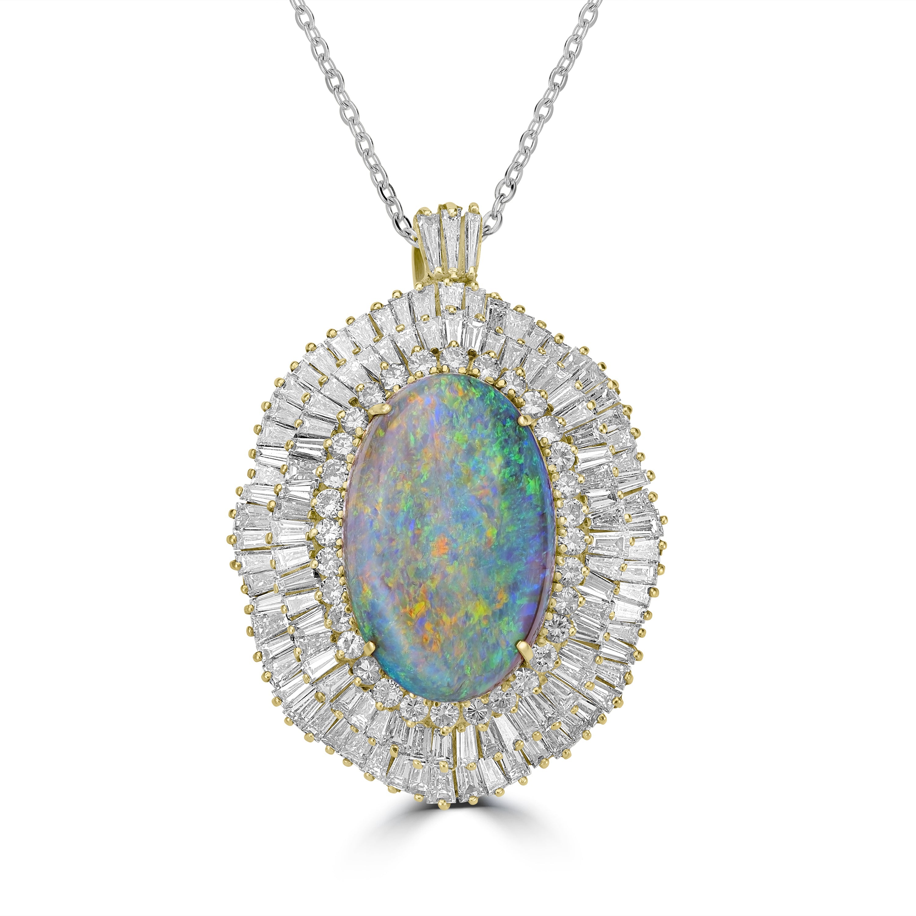 35.99 ct Opal & Diamond Baguette Pendant Necklace in 14K Yellow Gold