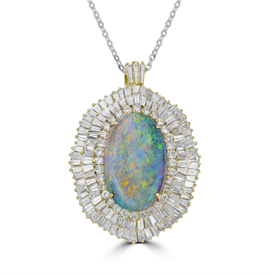 35.99 ct Opal & Diamond Baguette Pendant Necklace in 14K Yellow Gold