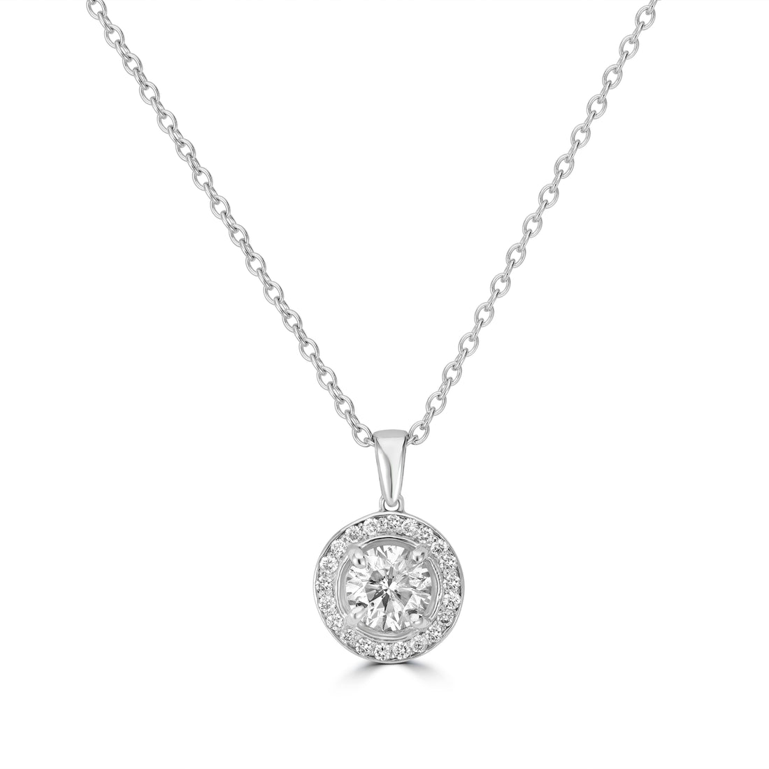 Halo Round Diamond Solitaire Pendant in White Gold Chain